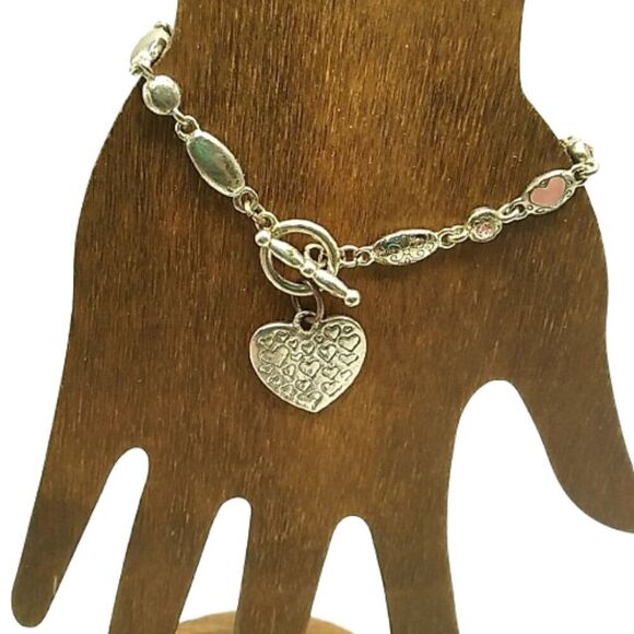 Together We Can Make A Difference Silver-tone Pink Enamel Hearts Crystal Bracele - Picture 3 of 13
